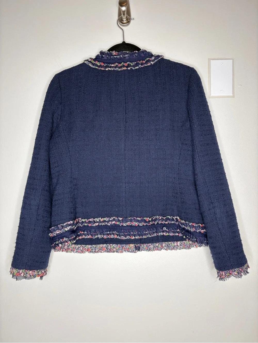 J. Crew Lady Jacket In Navy Blue Tweed Button Down Floral Ruffle Trim Size 12